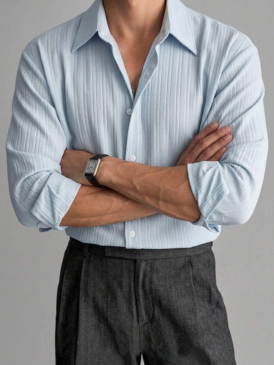 Manfinity Homme Men's Solid Color Single-Breasted Casual Commute Long Sleeve Shirt Birthday Graduation Light Blue Autumn - Blue - View 1