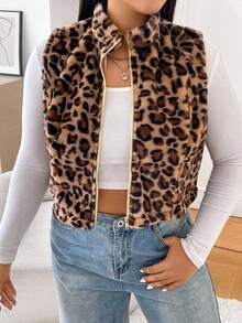SHEIN EZwear 大码女式简约日常无袖豹纹背心夹克，冬季 - 彩色 - 查看 5