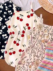 1pc Random, Baby Girl Summer New Soft Fabric Floral & Cherry Print Spaghetti Strap Round Neck Casual Romper, Daily Wear Cute Style - Multicolor - View 5