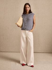 lacRébo Blue Sleeveless Fluffy Knitted Loose Fit Cardigan, Pearl Buttons Details - Blue - View 4