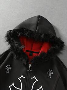 ROMWE MEN Street Life 男士十字印花圖案復古拼色拼接結構印花毛領連帽衛衣 - 黑色 - 查看 3