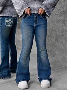 Tween Girls Retro Heavy-Duty Laser Pierced Embroidery & Sequin Decor Flared Denim Jeans,Holiday,Summer,Travel Autumn Fall - Dark Wash - View 3