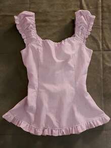 IslaSuriya Blusa ajustada para mujer con diseño de rayas, botones y bajo con volantes - Rosa - Ver 2