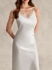 EverLounge Lace Trim Satin Slip Pajama Nightdress Luxeloungewear - White - View 6