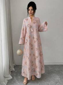 Al Najma Women's Summer Long Gold Craft Mesh Fabric Tassel Robe - Pink - View 5