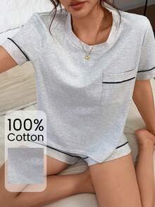 Napfluff Women's Knit Round Neck Short Sleeve Trim Shorts Pajama Set Lounge Light Grey Summer Casual Cute - Light Grey - View 4