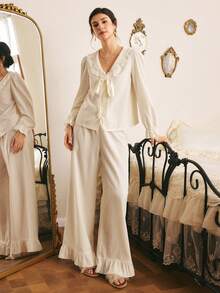 Côtesoire Women's Romantic Minimalist Lace Patchwork Long Sleeve Pants Pajama Set - Apricot - View 6