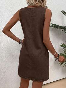 EMERY ROSE EMERY ROSE Women's Fashion Button Half-Placket Pocket Denim Dress - Brown - View 2