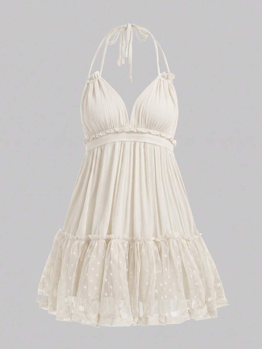 BELROSIE Vestido de mujer con cuello halter, volantes y lazo ajustable en malla Dobby, atuendo de vacaciones - Beis - Ver 1