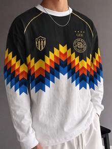 Gym Rark Retro Multi-Tone Vertical Stripe Men Pullover Knit Sweatshirt, Knit Textured Dark Green Black Gold Contrast Stripes, Loose Drop Shoulder Crew Neck Vin - Multicolor - View 3
