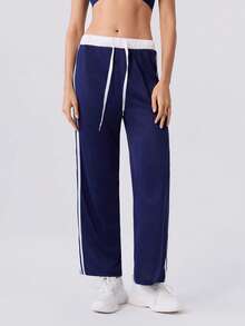 Loungeista Women's Spring/Summer Contrast Color Patchwork Drawstring Straight Leg Pants, Casual Homewear Sports Minimalist Classic Suitable For Outdoor Wear - Multicolor - View 3