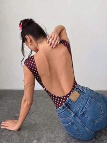 Firerie 女款優雅浪漫時尚通勤性感波點印花露背連身衣，適合派對、度假、約會及婚禮生日 - 酒紅色 - 查看 7