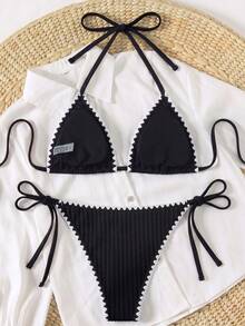 Swim Vcay 女款夏季海灘拼色掛脖綁帶性感比基尼三角褲兩件式泳衣套裝 - 黑色 - 查看 2