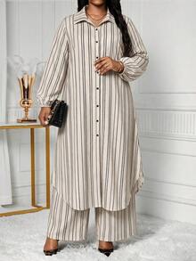 SHEIN Lady 大尺碼女款米色長袖單排扣長襯衫與寬腿褲休閒優雅兩件套，適合秋季早午餐、辦公室正式場合 - 彩色 - 查看 6