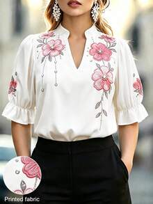 Velvienne Plus Size Women V-Neck Floral Print Casual Everyday Wear Shirt, - Multicolor - View 8