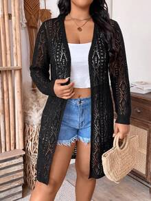 SHEIN Holidaya Saída de Praia Plus Size Feminina Cor Sólida, Férias de Outono Praia Noite Formal Elegante Versátil Manga Longa Preta - Preto - Visão 4