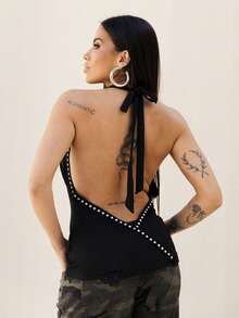 Maju Mazalli Women's Y2K Sexy Draped Collar Backless Studded Halter Top Summer Top Rave Festival Black - Black - View 3