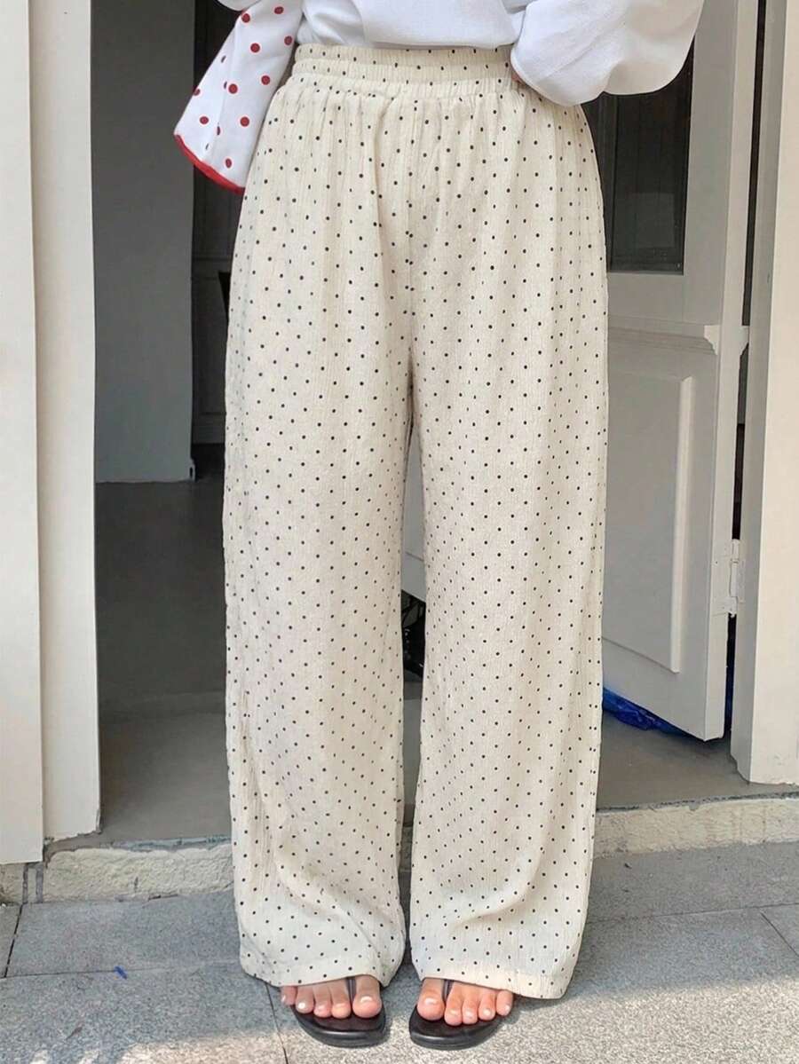 Dazy Plus 時尚波點寬鬆鬆緊腰直筒褲,趣味通勤大尺碼女款黑色長褲,適合春夏秋冬 - 白色 - 查看 1