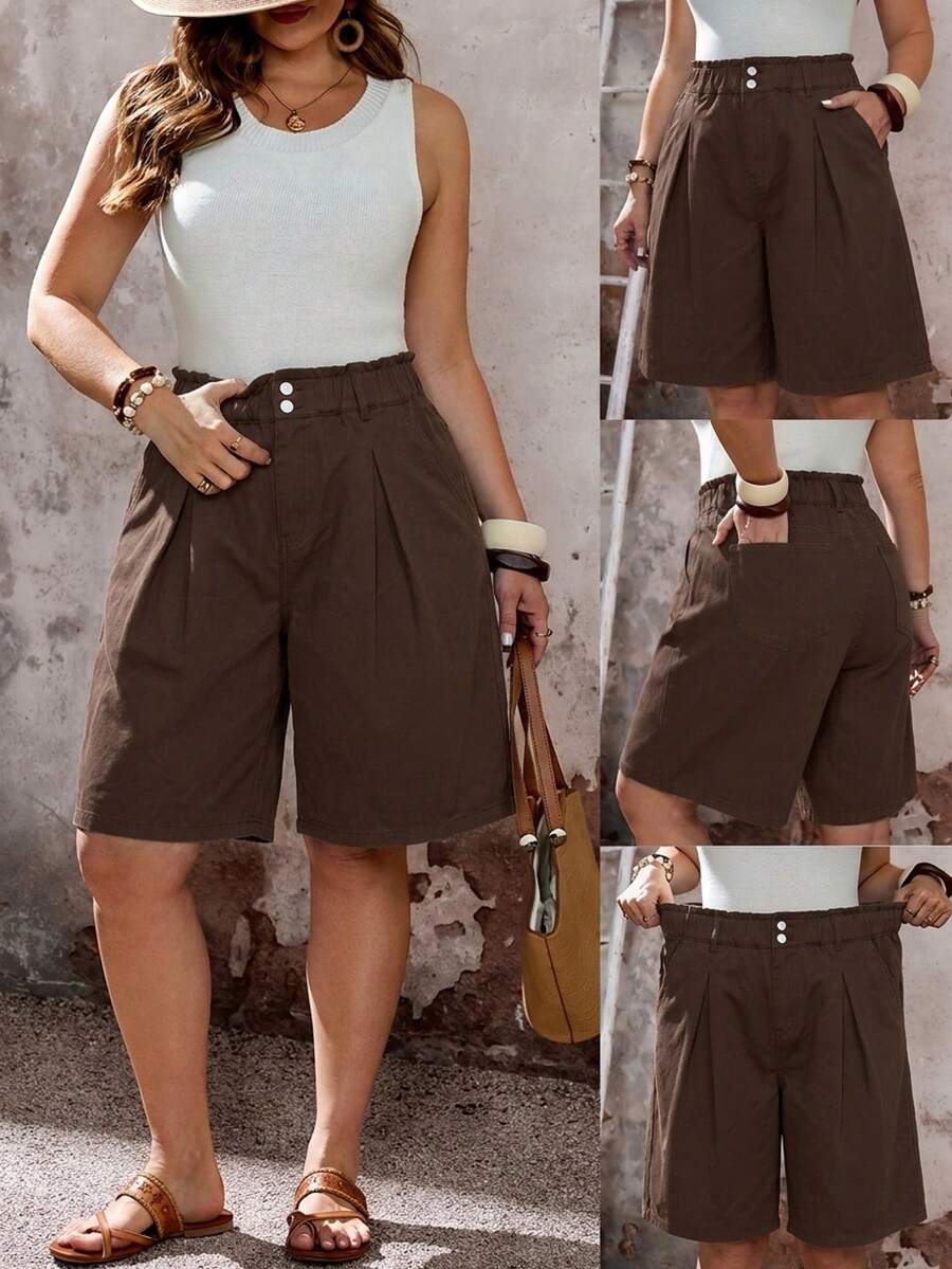 SHEIN EMERY ROSE CURVE 大尺碼休閒牛仔短褲 度假牛仔短褲 Jorts - 棕色 - 查看 1