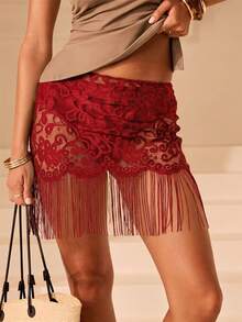 Aralina Sheer Floral Lace A Line Mini Skirt With Fringe Trim - Red - View 1