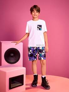 HELLO KITTY AND FRIENDS | SHEIN 青少年男孩卡通印花口袋短袖t恤和短褲套裝 - 紫色 - 查看 4