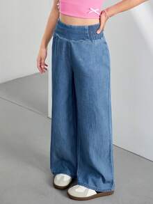 SHEIN Tween 女童夏季假日休闲高腰阔腿蓝色裤子，春秋休闲高腰阔腿宽松蓝色裤子，休闲日常穿着 - 藍色 - 查看 4