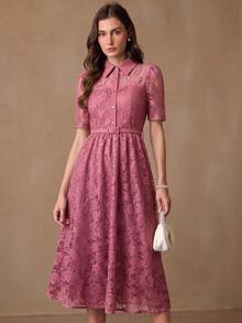 BELROSIE Elegant Elegant Women's Minimalist Chic Date Luxury High-End Exquisite Heavy Lace Fabric Shirt Collar With Belt Waist-Cinching Slimming A-Line Button-Up Front Short Sleeve Mid-Length Dress - Pink - View 3