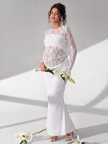 Cheriluna Maternity 純色蕾絲長袖長版孕婦洋裝，百褶魚尾下擺，適合攝影拍攝 - 白色 - 查看 5