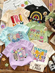Young Girl Cartoon Graphic Print Basic Short Sleeve Crew Neck T-Shirt - Mauve Purple - View 1