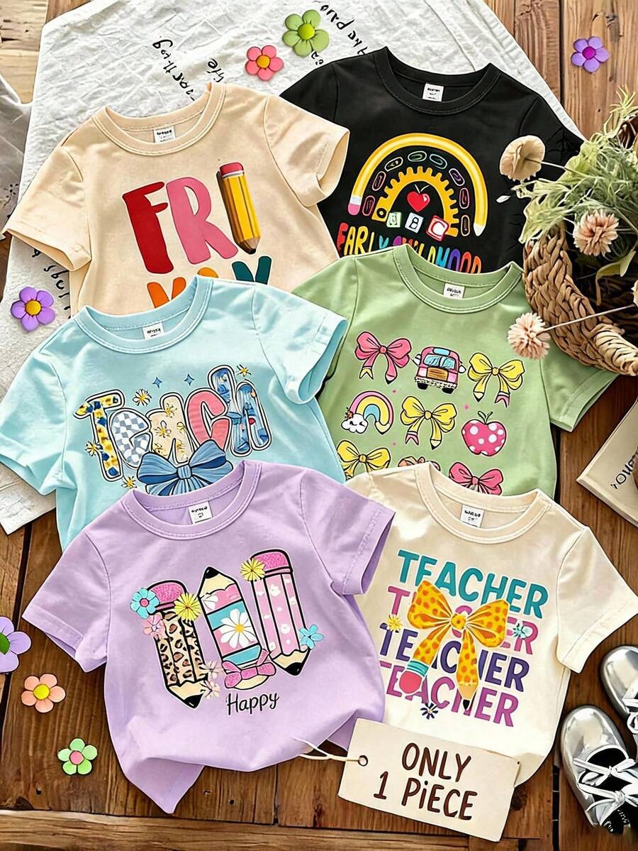 Young Girl Cartoon Graphic Print Basic Short Sleeve Crew Neck T-Shirt - Mauve Purple - View 1