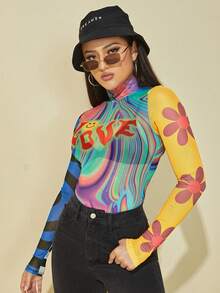 SHEIN ICON Mock Neck Letter & Cartoon & Striped Pattern Colorblock Y2k Graphic Top - Multicolor - View 3