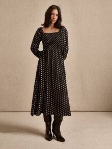 lacRébo Black Polka Dot Shirred Midi Dress, Square Neckline And Puff Long Sleeves With Shirred Cuff, Spring - Black - View 3