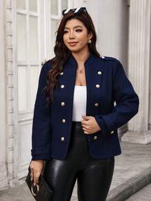 SHEIN Clasi 大尺碼女款金屬鈕扣設計長袖開襟西裝外套 秋季 - 藍色 - 查看 6
