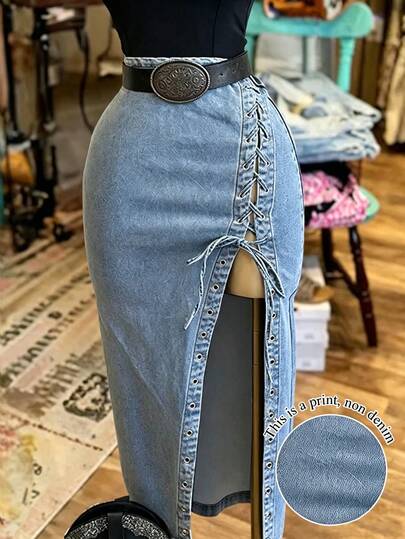 NostaNoir Falda de mujer con efecto denim, ojales, cordones y abertura