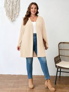 SHEIN LUNE Plus Size Plain Color Ribbed Knit Cardigan For Spring And Autumn Winter Clothes Fall - Apricot - View 4