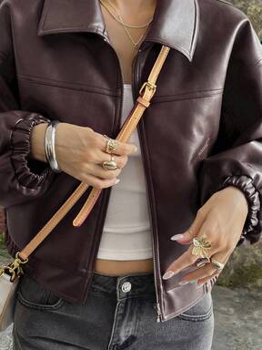 Livesso Chaqueta de cuero regular versátil de moda de otoño para mujer, para salir de noche, color burdeos, estilo callejero