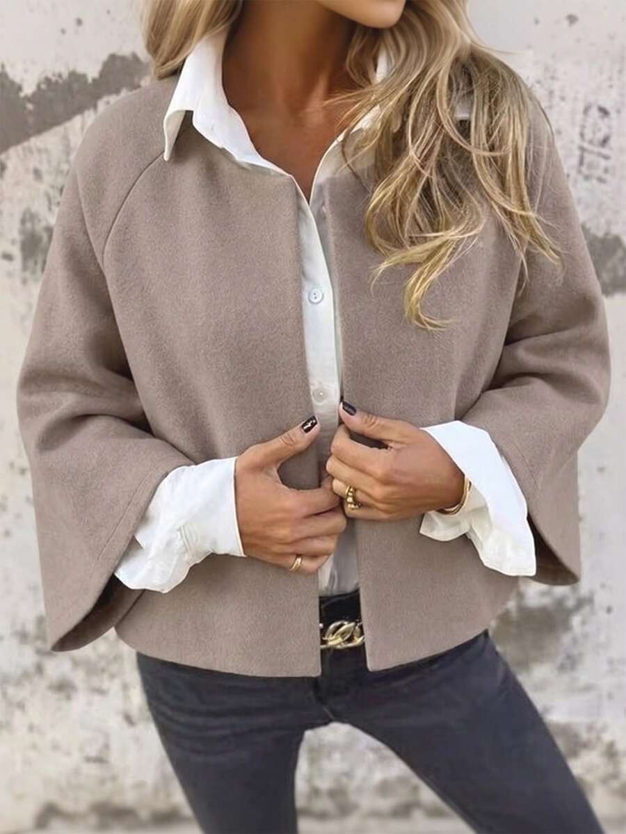Balvessa Elegant Casual Loose Short Wool Blend Women's Top, Autumn Winter Spring, Raglan Sleeves, Round Neck - Khaki - View 1