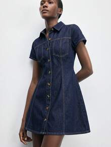 Maija Women's Summer Casual Retro Vintage 70S 70S Retro Front Button Denim Dress Everyday Party Navy Blue Autumn Outfit For Women - Dark Wash - View 2