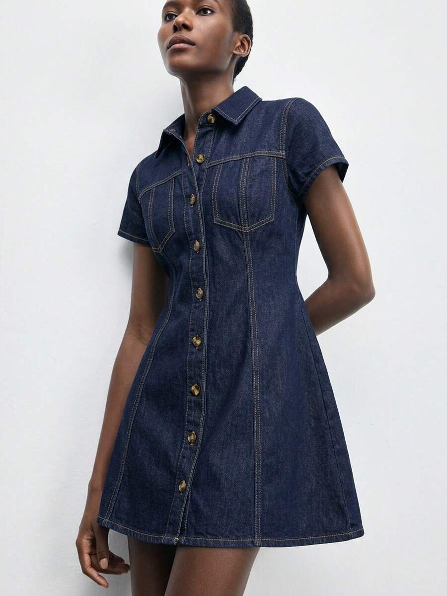 Maija Women's Summer Casual Retro Vintage 70S 70S Retro Front Button Denim Dress Everyday Party Navy Blue Autumn Outfit For Women