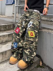 STEELVANCE 男士街頭風復古時尚拼接字母刺繡迷彩寬鬆直筒牛仔長褲（不含腰帶） - 軍綠色 - 查看 3