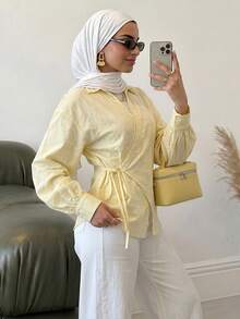 Solavon Women's Spring/Summer Casual Versatile 100% Cotton Yellow Long-Sleeve Shirt With Wrap-Style Panel And Lace Trim - Light Yellow - View 4