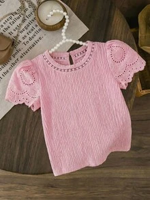 SHEIN LMoss Kids LMoss Young Girl Knitted Solid Color Round Neck Lace Ruffle Trim Fitted T-Shirt - Pink - View 3