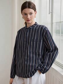 Dazy-Less Women's Loose Casual Cotton Long Sleeve Blue Solid Color Button-Up Shirt With Collar - Blue - View 5