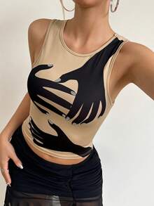 SHEIN ICON Women's Simple Daily Sleeveless Printed & Rhinestone Embellished Tank Top - Grey - View 1