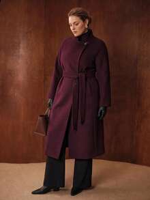 MOTF PREMIUM PLUS SIZE WOMEN'S WOOL BLEND MID-LENGTH OVERCOAT WITH BELT - Burgundy - View 5