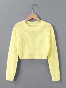 SHEIN Tween Girl Casual Versatile Solid Color Cropped Sweater - Yellow - View 7