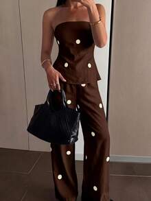 Firerie Setelan Atasan Bandeau dan Celana Panjang Wanita Musim Panas 2 Potong, Setelan Celana Panjang Motif Polkadot Minimalis Wanita - Coklat - View 3