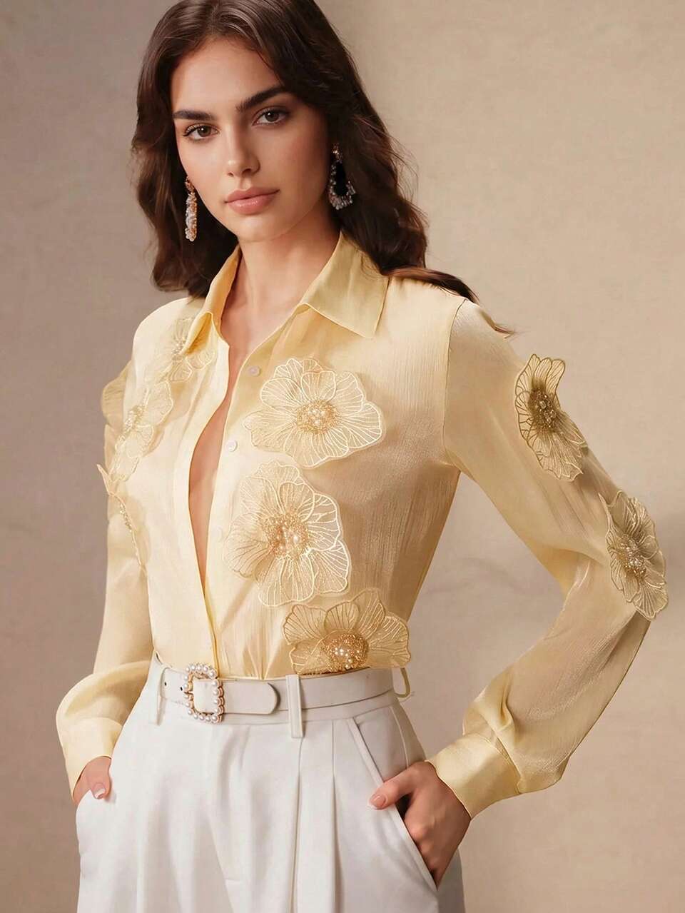 Elegant Romantic Women's Blouse, Wedding Brunch Tea Party, Solid Color Random 3D Floral Shirt, Outfits Yellow Autumn