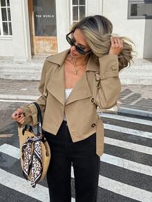 SHEIN Frenchy Women's Autumn Casual Double-Breasted Cropped Trench Coat Jacket - Khaki - View 7