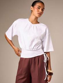 AiiRZ Cinch Waist Drawcord Ruched Crop T-Shirt Gathered Neckline Elbow Sleeve Casual Summer Top - White - View 6